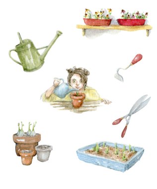 Set of watercolor illustrations sowing work and girl gardener. Hand drawn watercolor painting of greenhouse, garden, vertical beds and garden tools on white background. clipart