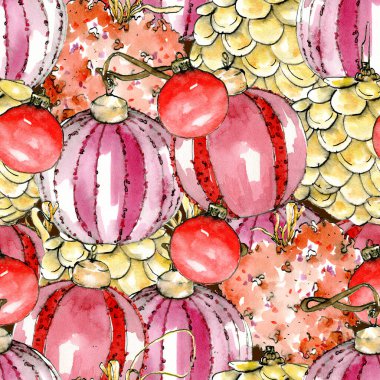 Suluboya desensiz Noel süsleme topları çizimi. Kahverengi arka planla doldurulmuş. Suluboya tasarım tatili