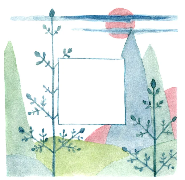 Ilustração aquarela em estilo escandinavo minimalista. Vista pastel da floresta de taiga. Paisagem com uma borda branca para texto, ilustração bonito. — Fotografia de Stock