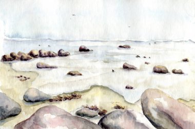 Bir kış manzarasının elle çizilmiş suluboya çizimi. Donmuş kayalıkları ve gerçekçi bir şekilde kumlu bir sahili olan karlı bir koy. Güzel el çizimi resim