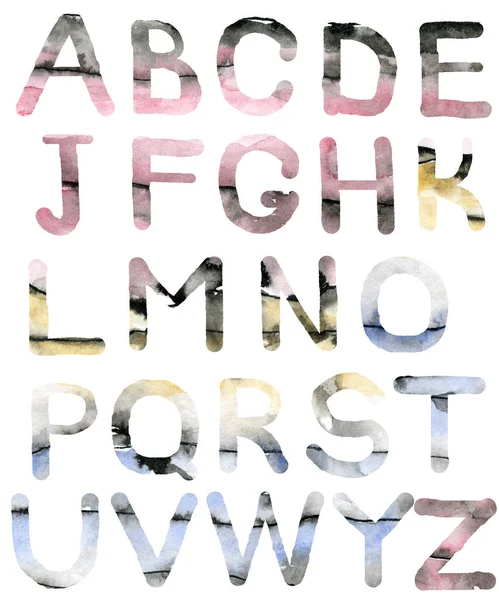 Γράμματα καλλιτεχνικού αλφαβήτου, ζωγραφισμένα στο χέρι με ακουαρέλα που απομονώνονται στο λευκό. Pastel ροζ, μπλε, κίτρινο γεμάτο μέτωπο. — Φωτογραφία Αρχείου