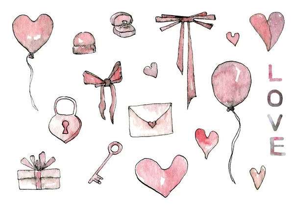 Set of pastel pink watercolor illustrations with ink "Valentines day", drawn by hand isolated on a white background. Romantic bundle — Stock Photo, Image