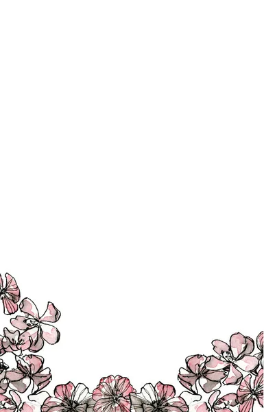 Dekorativ akvarell gräns, pastellrosa illustration i skiss stil. Romantisk blommig ram med copyspace, isolerad på vit bakgrund. Blomstersammansättning — Stockfoto