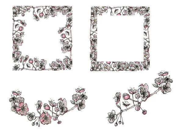 Ensemble décoratif de cadre aquarelle, illustration rose pastel dans le style croquis. Frontière florale romantique avec copyspace, isolée sur fond blanc. Composition de fleurs pour mariage, Saint Valentin — Photo