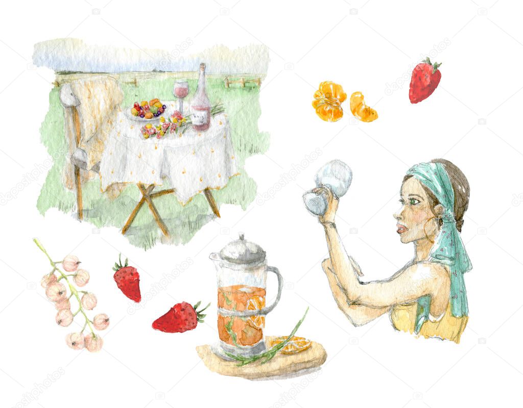 Stylish girl with a glass and elements of romantic date. Hand drawn clip art in a realistic style. Watercolor illustration set of a garden table and fruits.