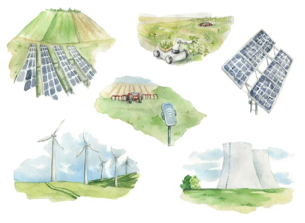 Big watercolor set of eco-friendly concept scenes. Modern technologies for growing eco plants, farm develop, renewable power sources with windmills, solar panels, nuclear. Green energy illustration