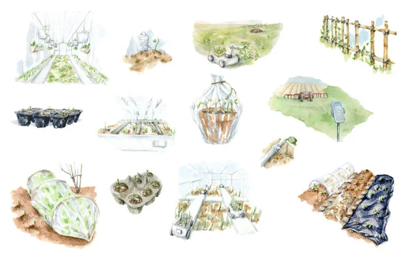 Handritade akvarell illustration uppsättning våren sådd arbete. Byn gardering, modern gård, stor samling. Modern teknik för odling av ekologiska växter, utveckling av jordbruksföretag, isolerad. — Stockfoto