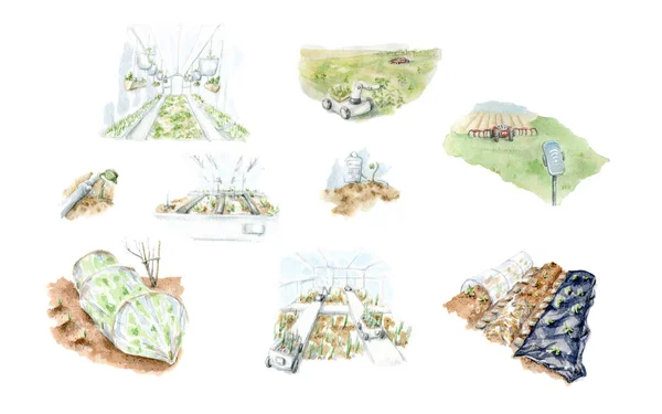 Technologies innovantes pour l'agriculture. Ferme moderne, plantation de printemps. Un ensemble d'illustrations aquarelles d'une ferme intelligente avec contrôle de drone. Eléments agricoles isolés sur blanc. — Photo