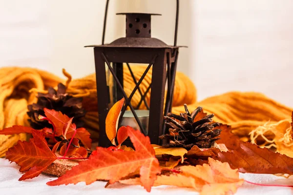 Herbstliche Komposition Helle Herbstblätter Zapfen Laterne Mit Kerze Auf Weißem — Stockfoto