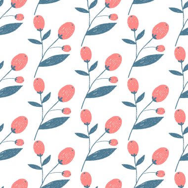 Vektör düz çiçekler, yapraklar ve böğürtlenler kusursuz desen.