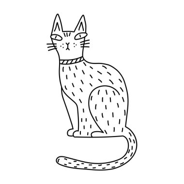 Beyaz arka planda izole edilmiş sevimli çizgi film kara kedisi. Cadılar Bayramı