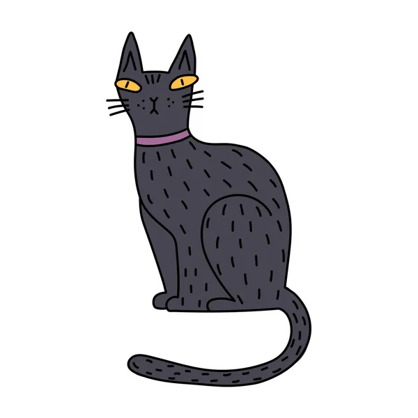 Lindo gato negro de dibujos animados aislado sobre fondo blanco. Halloween — Vector de stock
