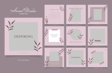 Sosyal medya, çok amaçlı blog promosyonunu tasvir ediyor. Tamamen düzenlenebilir Instagram ve Facebook kare kare çerçeve organik satış posteri. Pembe reklam pankartı vektör arkaplanı