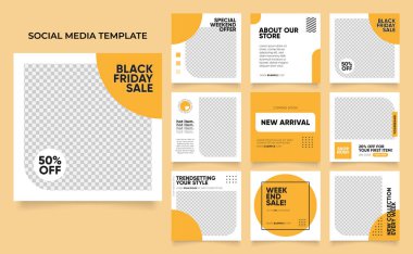 Sosyal medya, blog satış promosyonunu tasvir ediyor. Tamamen düzenlenebilir Instagram ve Facebook kare kare kare kare kare kare kare kare yapboz organik satış posteri. taze sarı element şekil vektör arkaplanı