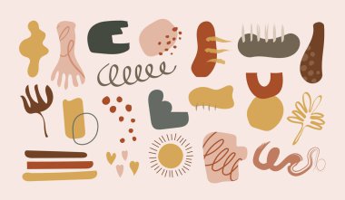 Moda dekorasyonu ve duvar dekorasyonu için soyut organik şekiller. çağdaş kumaş dekor elementi. El çizimi boho doodle sanatı. İskandinav tarzı kabarcık