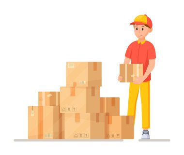 Teslimatçılığın vektör çizimi. İçinde mal olan bir sürü kutu ve paket teslimatı yapan bir kurye. Kapıda teslimat var. Çevrimiçi sıralama.