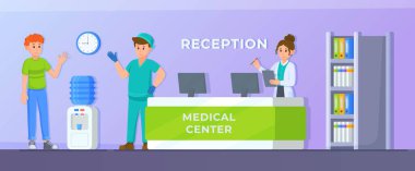 Vektör düz panel çizimi. Hastanenin modern bekleme odası mobilya ve ekipmanlarla dolu. Doktor çalışmaya hazır, hasta sırasını bekliyor, resepsiyonist resepsiyonda.. 
