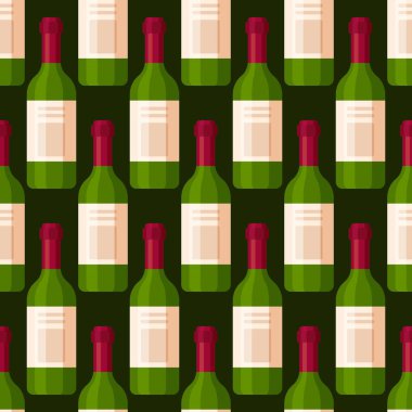 Şarap şişesi deseninin vektör çizimi. Alkolik içecek. Lezzetli kırmızı şarap. Yeşil şişelerin kusursuz çizimi. 