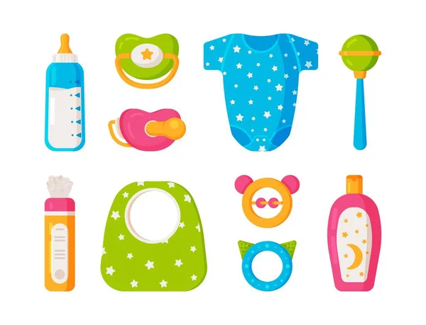幼儿保育及游戏套件的病媒图解 婴儿用品婴儿用品包 婴儿车 响尾蛇 洗发水和牛奶 彩色婴儿图标 — 图库矢量图片