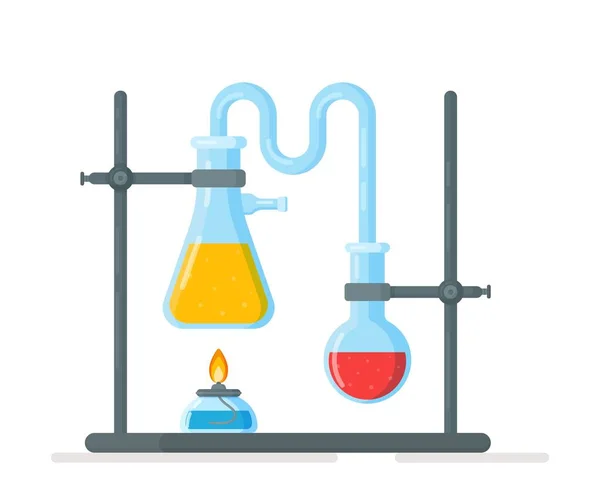 Ilustración Vectorial Frascos Trípode Experimento Clase Química Síntesis Química Estructura — Vector de stock