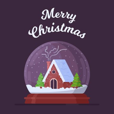 Mutlu Noel 'in vektör illüstrasyonu. İçinde ev olan kar küresi mor arka planda izole edilmiştir. Yeni yıl ya da Noel için kartpostal. 