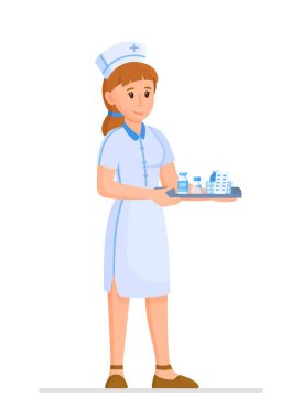 Beyaz arka planda izole edilmiş bir hemşirenin vektör çizimi. Elinde ilaç olan genç bir hemşirenin portresi. Üniformalı hemşire.. 