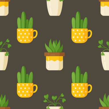 Desen bitkilerinin vektör çizimi. Kaktüs ve kapalı bitkiler kahverengi arka planda izole edilmiş. Güzel yeşil bitkiler. 