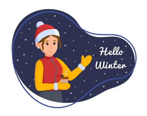 Ilustración Vectorial Hola Invierno Concepto Pasar Tiempo Invierno Chica Pelo — Vector de stock