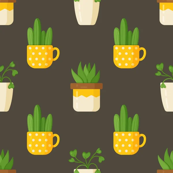 Vektorové Znázornění Vzorců Rostlin Kaktusy Vnitřní Rostliny Izolované Hnědém Pozadí — Stockový vektor