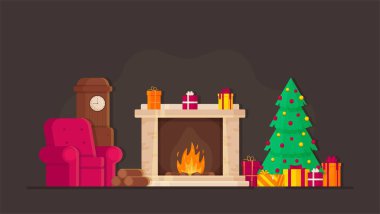 Noel odasının vektör çizimi. Güzel, sıcak, rahat bir oda. Yeni yıl süslemeleri. Şöminenin yanında güneşlenerek..