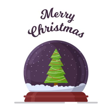 Kış kartpostalının vektör çizimi. Noel ağaçları ve mor zemininde kar olan izole kar küresi. Yeni yıl kartı.. 