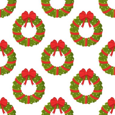 Yılbaşı çelenk deseninin vektör çizimi. Kırmızı ve yeşil çelenk baskısı. Noel süslemelerinin kusursuz deseni.