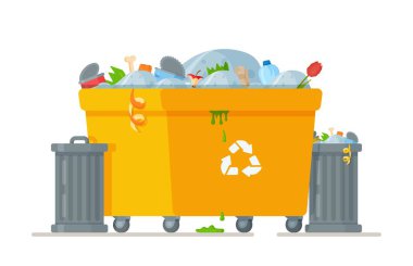 Çöplükteki eski eşyaların ev temizliği koleksiyonu. Mavi arka planda çöp kutusu. Çöp boşaltma servisinin çöp sahasına gitmesini emrediyorum. Sarı çöp tenekesinin yanındaki çöp torbalarının vektör illüstrasyonu. 