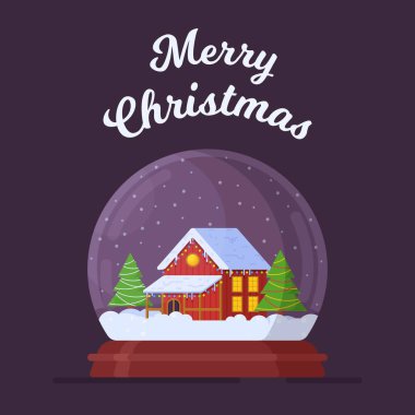 Mutlu Noel 'in vektör illüstrasyonu. İçinde ev olan kar küresi mor arka planda izole edilmiştir. Yeni yıl ya da Noel için kartpostal. 