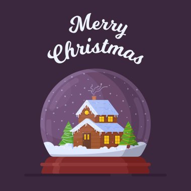 Mutlu Noel 'in vektör illüstrasyonu. İçinde ev olan kar küresi mor arka planda izole edilmiştir. Yeni yıl ya da Noel için kartpostal. 