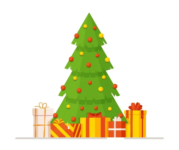 Vector Illustratie Van Een Kerstboom Met Daarop Rode Ornamenten Geschenken — Stockvector
