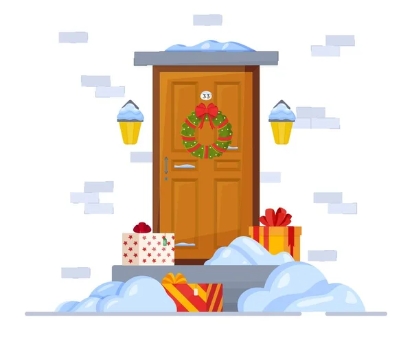 除夕装饰房屋入口的概念的矢量图解 圣诞老人送的礼物冬季主题中美丽的风景 — 图库矢量图片