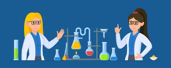 Ilustração Vetorial Mulheres Cientistas Realização Experimentos Laboratório Reação Química —  Vetores de Stock