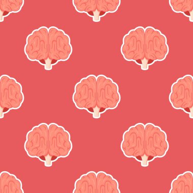 Beyin ön deseninin vektör çizimi. Kırmızı arka planda kusursuz beyin yapısı. Beynin sağ ve sol yarımkürelerinin baskısı. Beyin nakli.. 