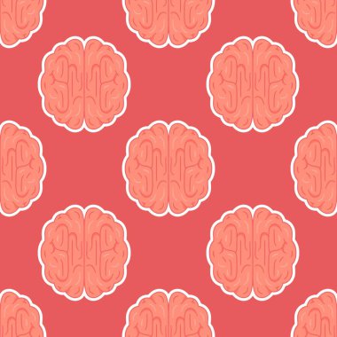 Vektör illüstrasyon beyin üst deseni. Beynin sağ ve sol yarımkürelerinin baskısı. Kırmızı arka planda kusursuz beyin yapısı. Beynin sağ ve sol yarımkürelerinin izi. Organın vektör grafiği. 