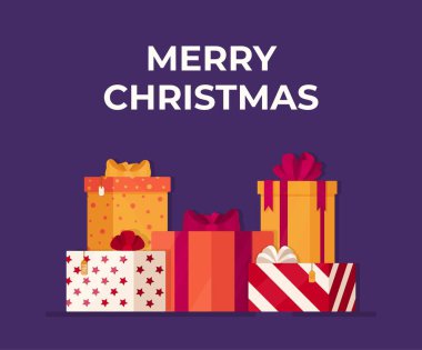 Mor arkaplandaki hediyelerin vektör çizimi. Güzel Noel kutularıyla çizim yapmak. Mutlu Noeller..