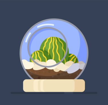 Bitki yuvarlak camının vektör çizimi. Yuvarlak cam vazo ya da çiçekler için cam. Mavi arka planda izole edilmiş şeffaf tencerede güzel kaktüsler.