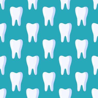 Diş izlerinin vektör çizimi. Turkuaz arka planda beyaz dişler. Vektör dişleri kusursuz çizim. Diş Kağıdı. 