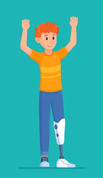 Vector Illustration Bioprosthesis Boy Isolated Blue Background Prosthesis His Leg — Stock Vector