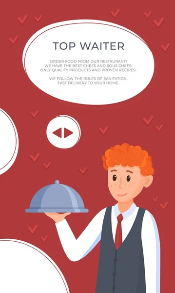 Vector Illustration Restaurant Flyer Restaurant Advertising Concept Waiter Isolated Red — Stock Vector