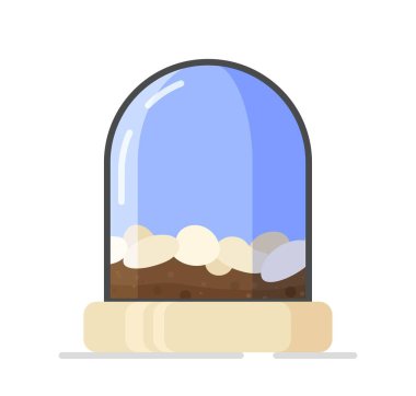 Bitki silindirli camın vektör çizimi. Cam vektör gövde, şeffaf bitki kubbesi, beyaz arka planda izole edilmiş. Tencerenin içindeki toprak ve taşlar.. 