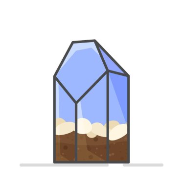 Çok yönlü cam bir tencerenin vektör çizimi. Filizlenen bitkiler için beyaz arka plan bitki camında izole edilmiş. Topraklı ve taşlı çok yönlü cam kap.. 