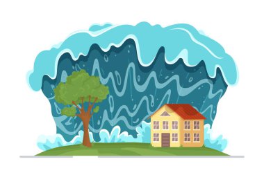 Tsunaminin vektör çizimi. Tsunami dalgaları sahile yaklaşıyor. Doğal afet. Su basmış şehir. Felaket. Doğal afet. Beyaz arkaplanda kavram.
