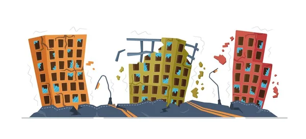 Vector Illustratie Van Stad Aardbeving Vernietigde Stadsgebouwen Wegen Straatlantaarns Gevolgen — Stockvector