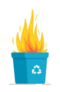 Vector illustration can fire.Blue recycling tank burns on a white background. Garbage drop off. Failure to follow safety rules. Consequence. Natural disaster. 
